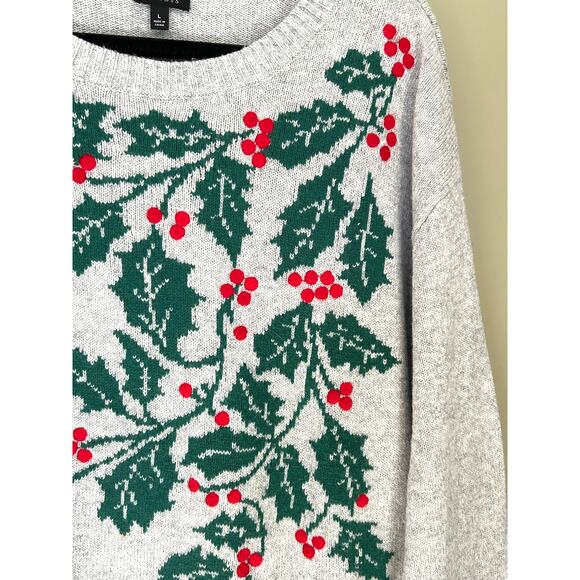 Talbots Holiday Holly Intarsia Crew Sweater Embroidered Gray Cotton Wool Large - Picture 3 of 8